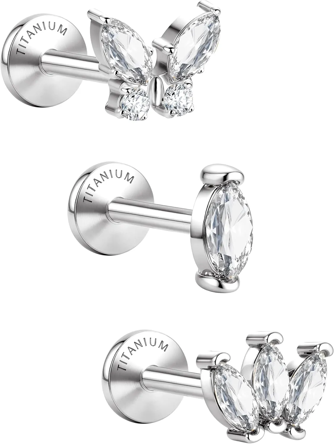 G23 Implant Grade Titanium Flat Back Earrings 5A CZ Studs: 14K Gold Hypoallergenic 3 Pcs 18G Internally Threaded Tragus Cartilage Conch Helix Piercing Jewelry for Sensitive Ears Women Men
