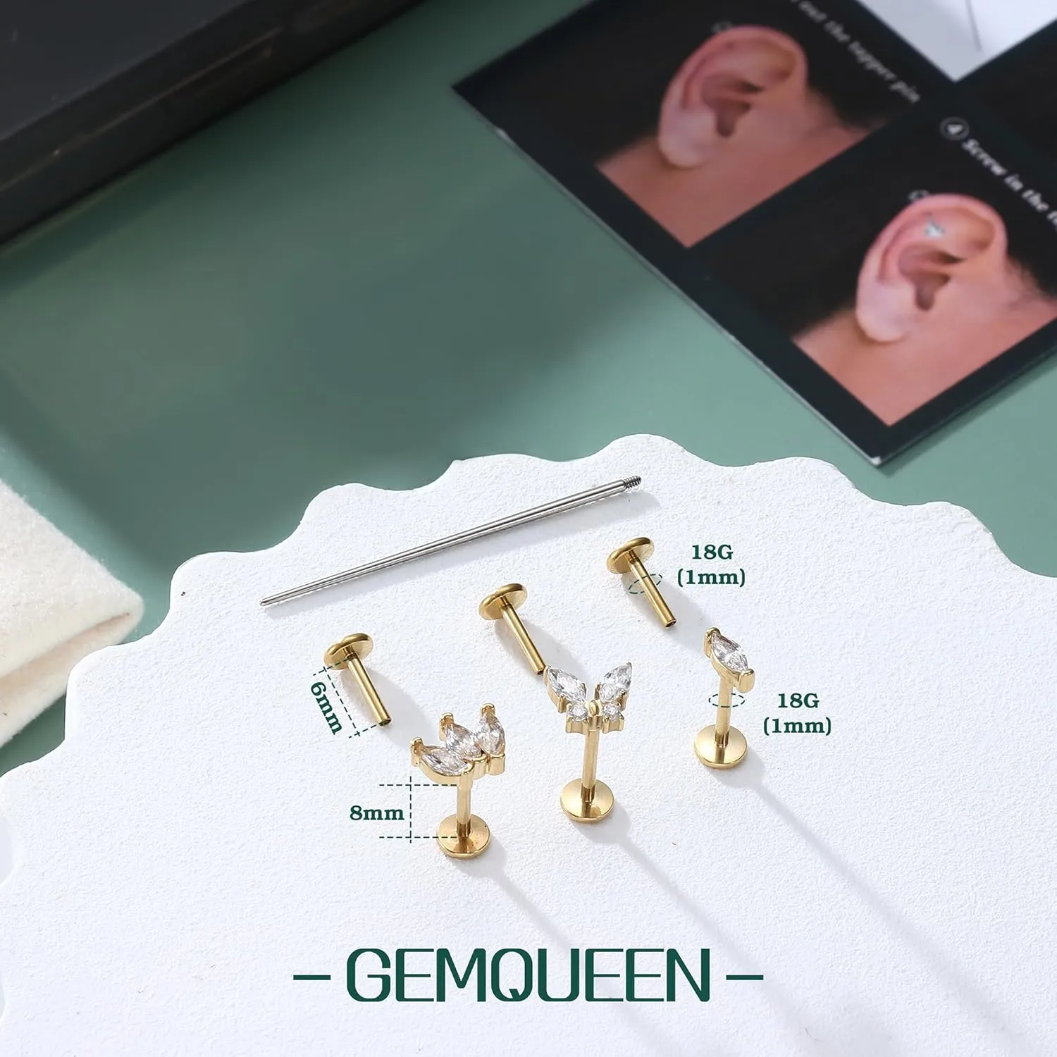 G23 Implant Grade Titanium Flat Back Earrings 5A CZ Studs: 14K Gold Hypoallergenic 3 Pcs 18G Internally Threaded Tragus Cartilage Conch Helix Piercing Jewelry for Sensitive Ears Women Men