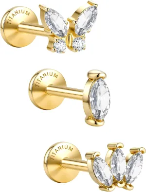 G23 Implant Grade Titanium Flat Back Earrings 5A CZ Studs: 14K Gold Hypoallergenic 3 Pcs 18G Internally Threaded Tragus Cartilage Conch Helix Piercing Jewelry for Sensitive Ears Women Men