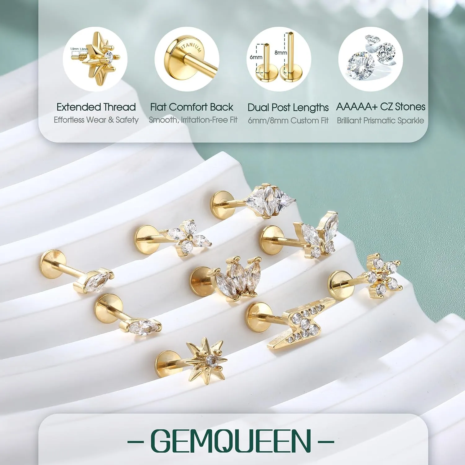 G23 Implant Grade Titanium Flat Back Earrings 5A CZ Studs: 14K Gold Hypoallergenic 3 Pcs 18G Internally Threaded Tragus Cartilage Conch Helix Piercing Jewelry for Sensitive Ears Women Men