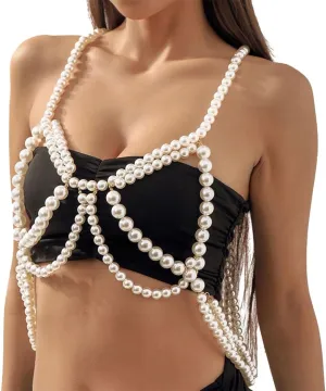 Gangel Pearl Body Chain White Pearls Body Chains Sexy Bra Top Chain Halter Shoulder Chain Layered Body Chain Bikini Rave Body Jewelry for Women and Girls