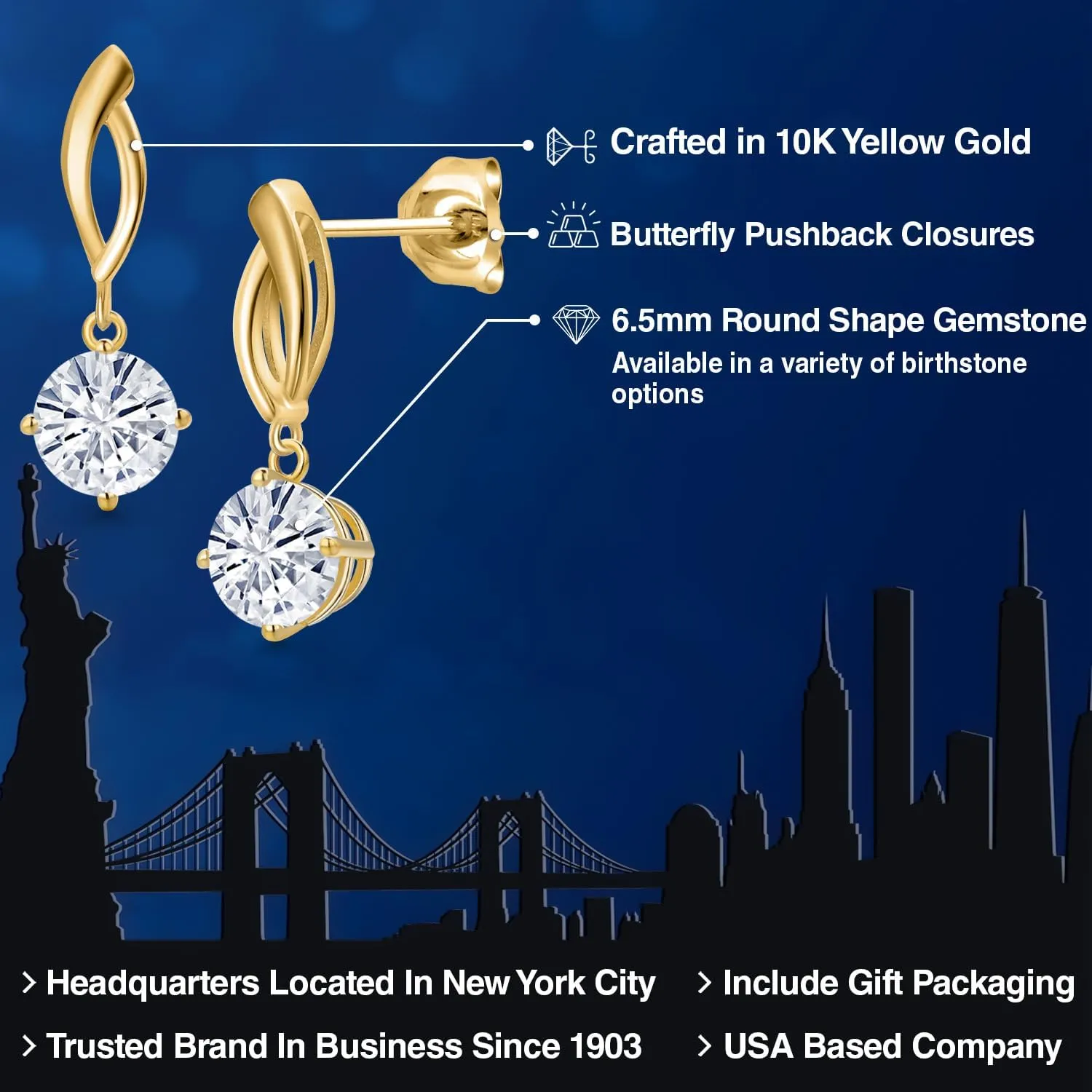 Gem Stone King 10K Yellow Gold Gemstone Birthstone Dangle Earring for Women | Round 6.5MM | Fine Jewelry Gifts for Her Mom Women Wife