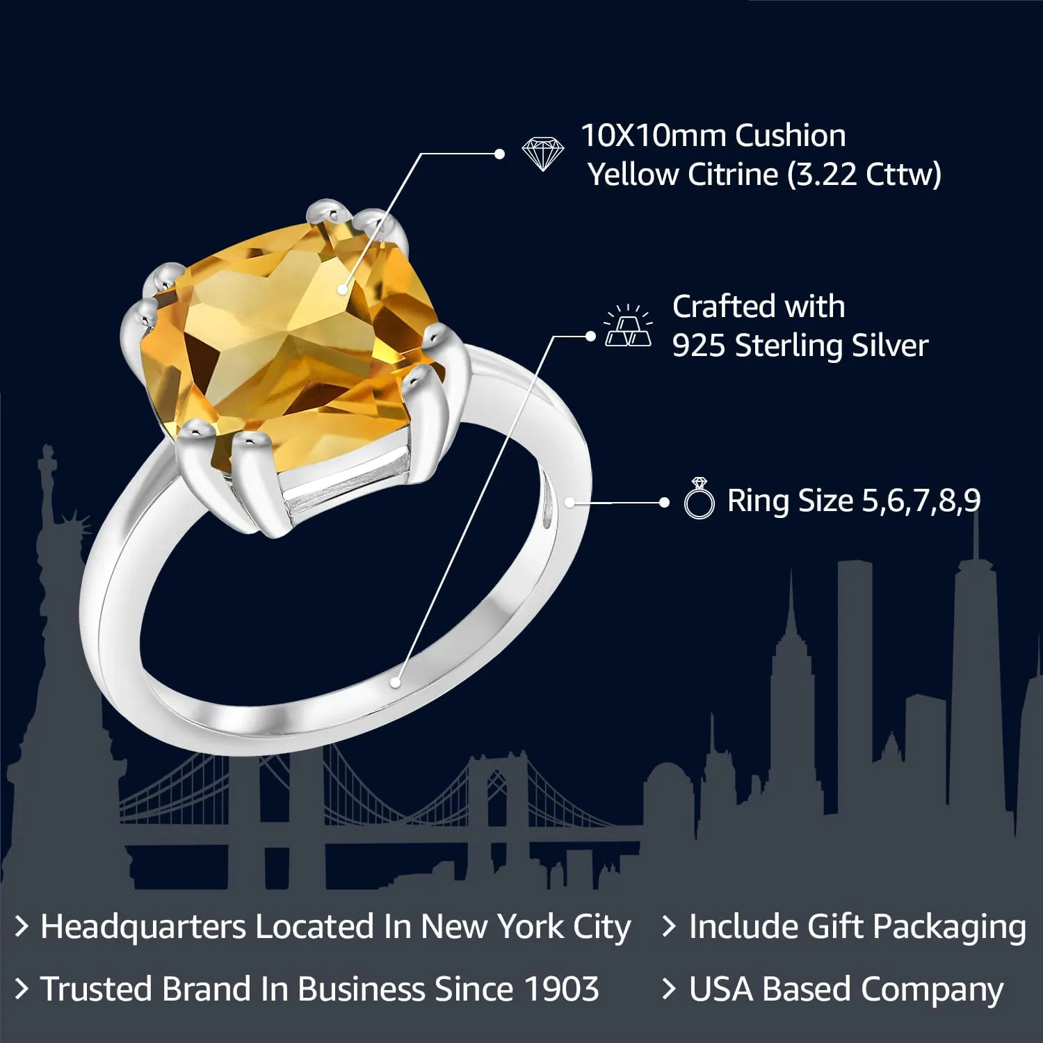 Gem Stone King 10MM Cushion Cut Gemstone Birthstone Double Prong Solitaire Ring for Women in 925 Sterling Silver | Fine Wedding Anniversary Engagement Promise Ring | Available in Sizes 5 to 9