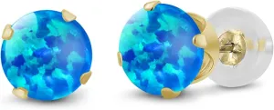 Gem Stone King 14K Yellow Gold Blue Opal Stud Earrings For Women Men (0.50 Cttw, Gemstone October Birthstone, Round Cabochon 4MM)