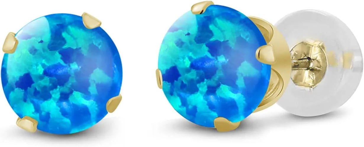 Gem Stone King 14K Yellow Gold Blue Opal Stud Earrings For Women Men (0.50 Cttw, Gemstone October Birthstone, Round Cabochon 4MM)