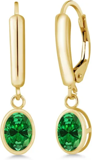 Gem Stone King 14K Yellow Gold Green Simulated Emerald Earrings For Women | 2.48 Cttw | Oval 7X5MM | Fine Jewelry Gifts for Her Mom Women Wife
