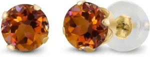 Gem Stone King 14K Yellow Gold Orange Mystic Topaz 4 Prong Stud Earrings For Women Men | 1.20 Cttw | Gemstone Birthstone | Round 5MM