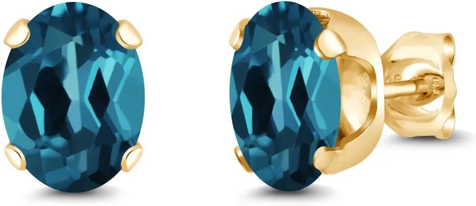 Gem Stone King 18K Yellow Gold Plated Silver London Blue Topaz Stud Earrings For Women Men (2.60 CtTW, Gemstone Birthstone, Oval 8X6MM)