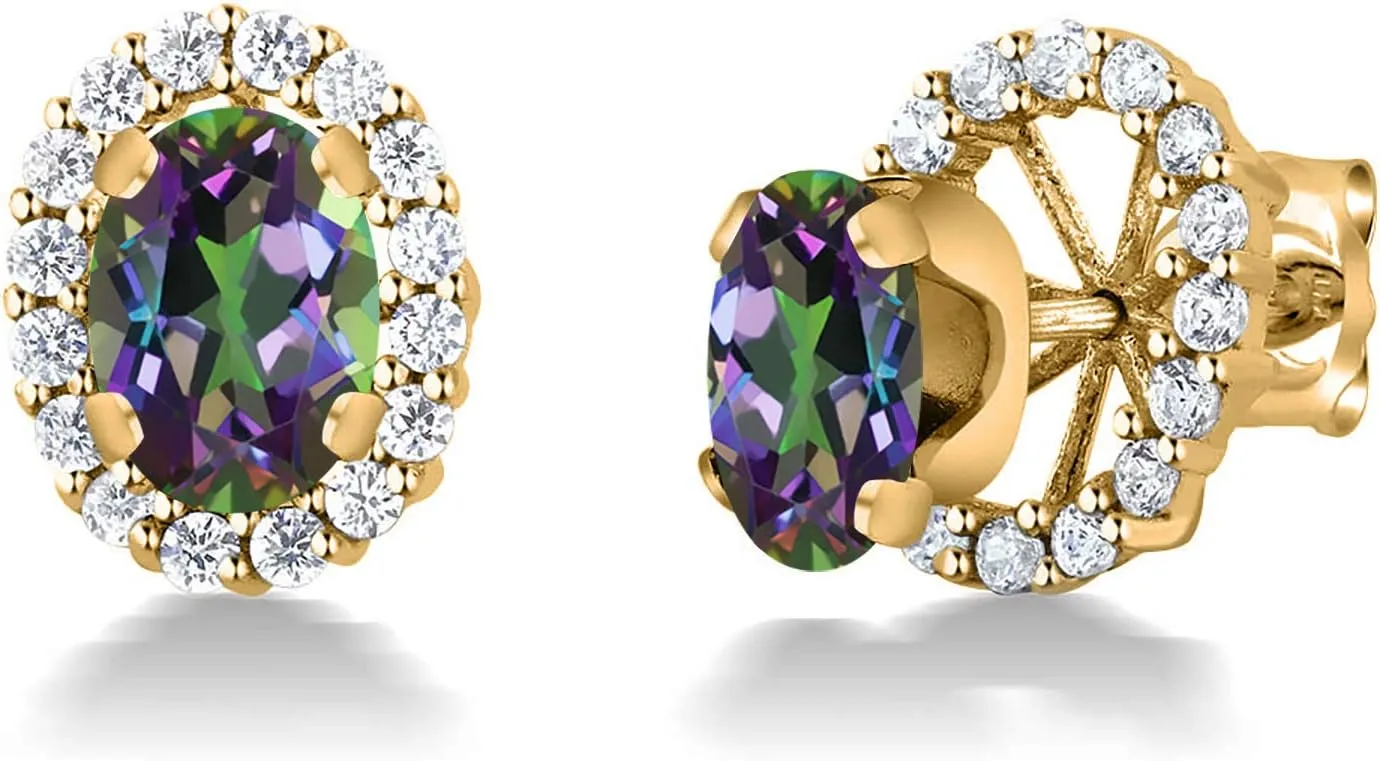 Gem Stone King 18K Yellow Gold Plated Silver Oval Green Mystic Topaz Removable Jacket Stud Earrings For Women