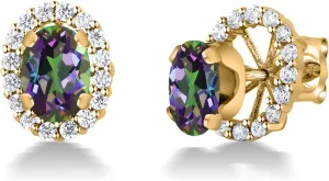 Gem Stone King 18K Yellow Gold Plated Silver Oval Green Mystic Topaz Removable Jacket Stud Earrings For Women