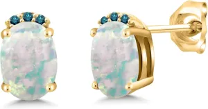 Gem Stone King 18K Yellow Gold Plated Silver White Simulated Opal and Blue Diamond Stud Earrings For Women (2.07 Cttw, Gemstone October Birthstone, Oval Cabochon 7X5MM)