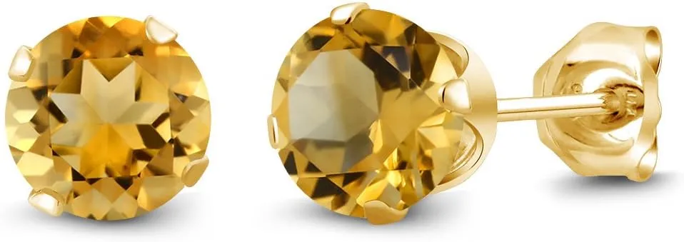 Gem Stone King 18K Yellow Gold Plated Silver Yellow Citrine Gemstone Birthstone Stud Earrings For Women Men (0.90 Cttw, Round Shape 5MM)