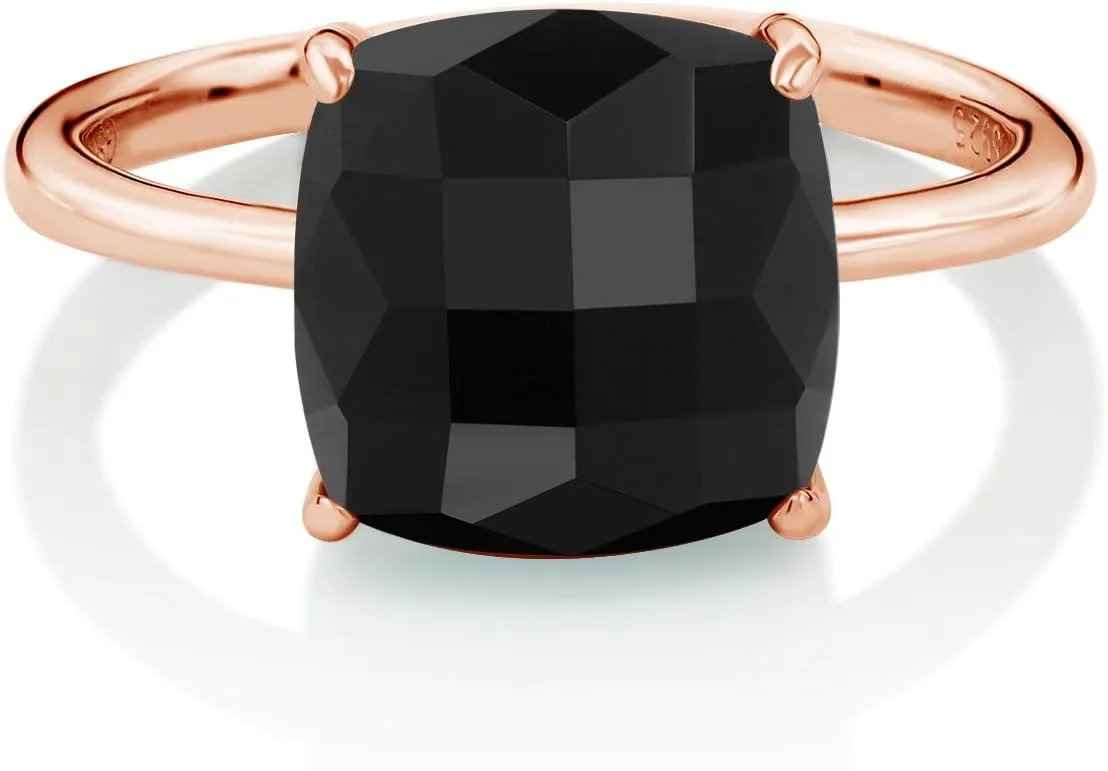 Gem Stone King 3.75 Cttw Black Onyx Ring For Women | 10MM Checkerboard Square Cut Gemstone Birthstone Ring | 925 Sterling Silver Rose Gold Plated | Available In Size 5, 6, 7, 8, 9