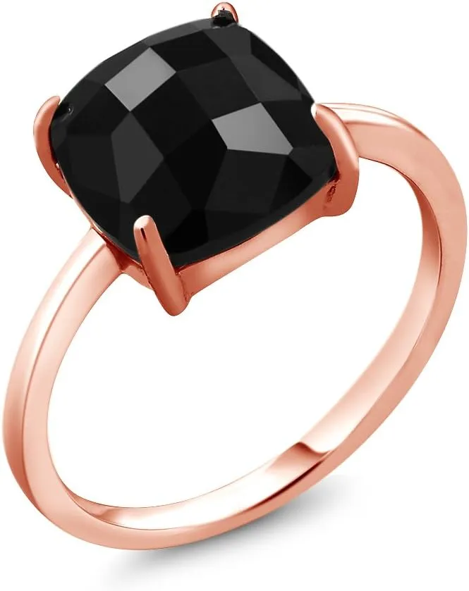 Gem Stone King 3.75 Cttw Black Onyx Ring For Women | 10MM Checkerboard Square Cut Gemstone Birthstone Ring | 925 Sterling Silver Rose Gold Plated | Available In Size 5, 6, 7, 8, 9