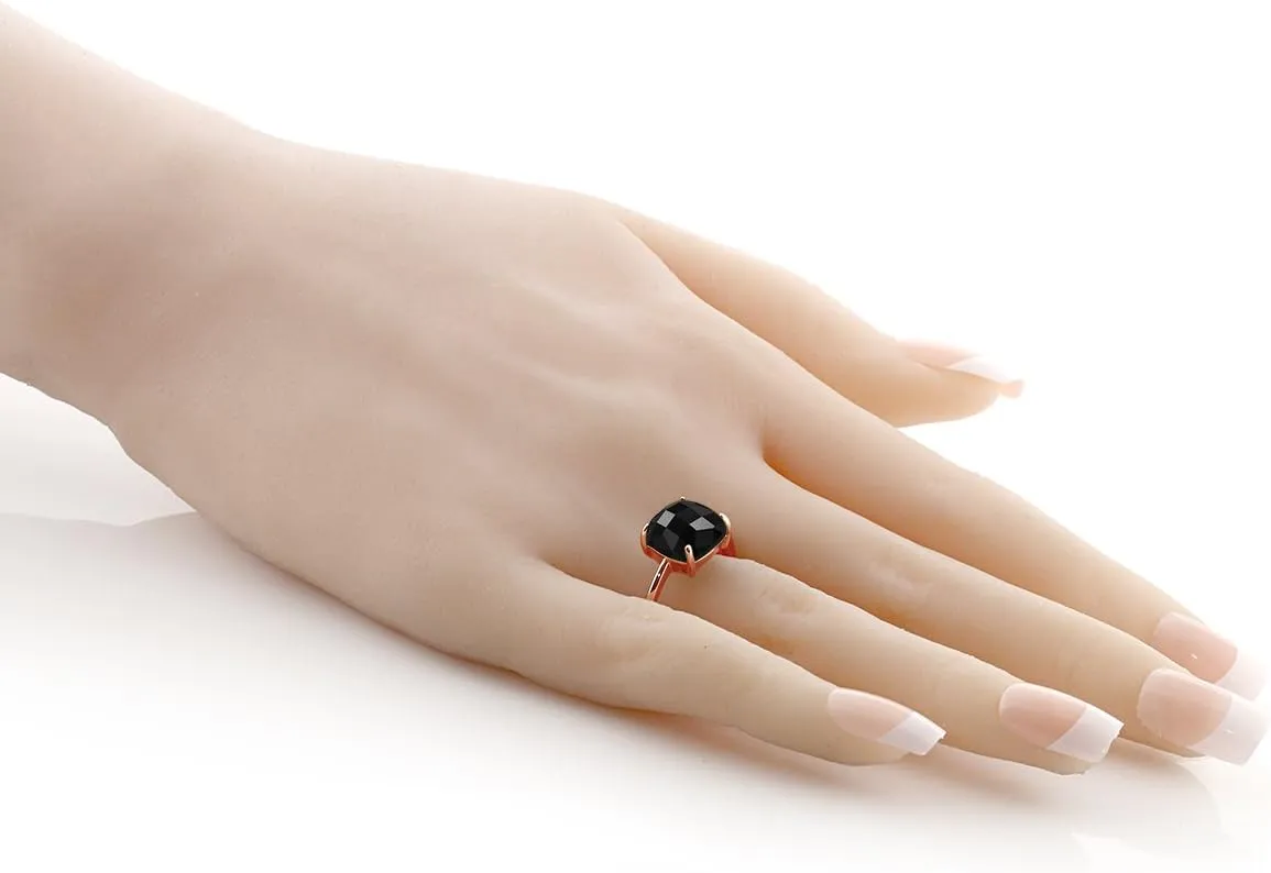 Gem Stone King 3.75 Cttw Black Onyx Ring For Women | 10MM Checkerboard Square Cut Gemstone Birthstone Ring | 925 Sterling Silver Rose Gold Plated | Available In Size 5, 6, 7, 8, 9