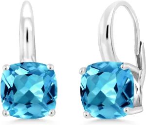Gem Stone King 4-6 Cttw Cushion Cut Gemstone Birthstone Leverback Dangle Earrings for Women | 925 Sterling Silver | 8MM Cushion | Fine Jewelry for Her Mom Wife