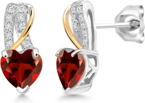 Gem Stone King 925 Sterling Silver and 10K Yellow Gold Red Garnet and White Lab Grown Diamond Heart Shape Earrings For Women (2.09 Cttw, Gemstone January Birthstone, Heart Shape 6MM)