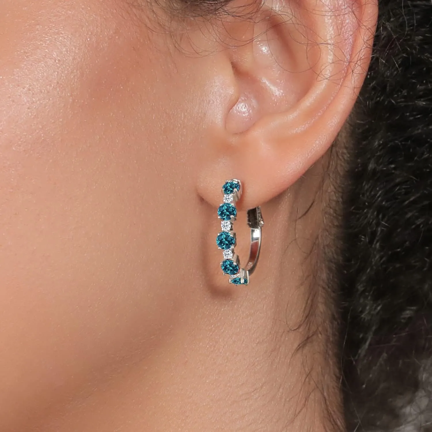 Gem Stone King 925 Sterling Silver Gemstone Birthstone and White Topaz Hoop Earrings for Women | Round Cut 4MM and 1.9MM Stones | 1 Inch Diameter Hoops | Fine Jewelry for Her Mom Wife Women