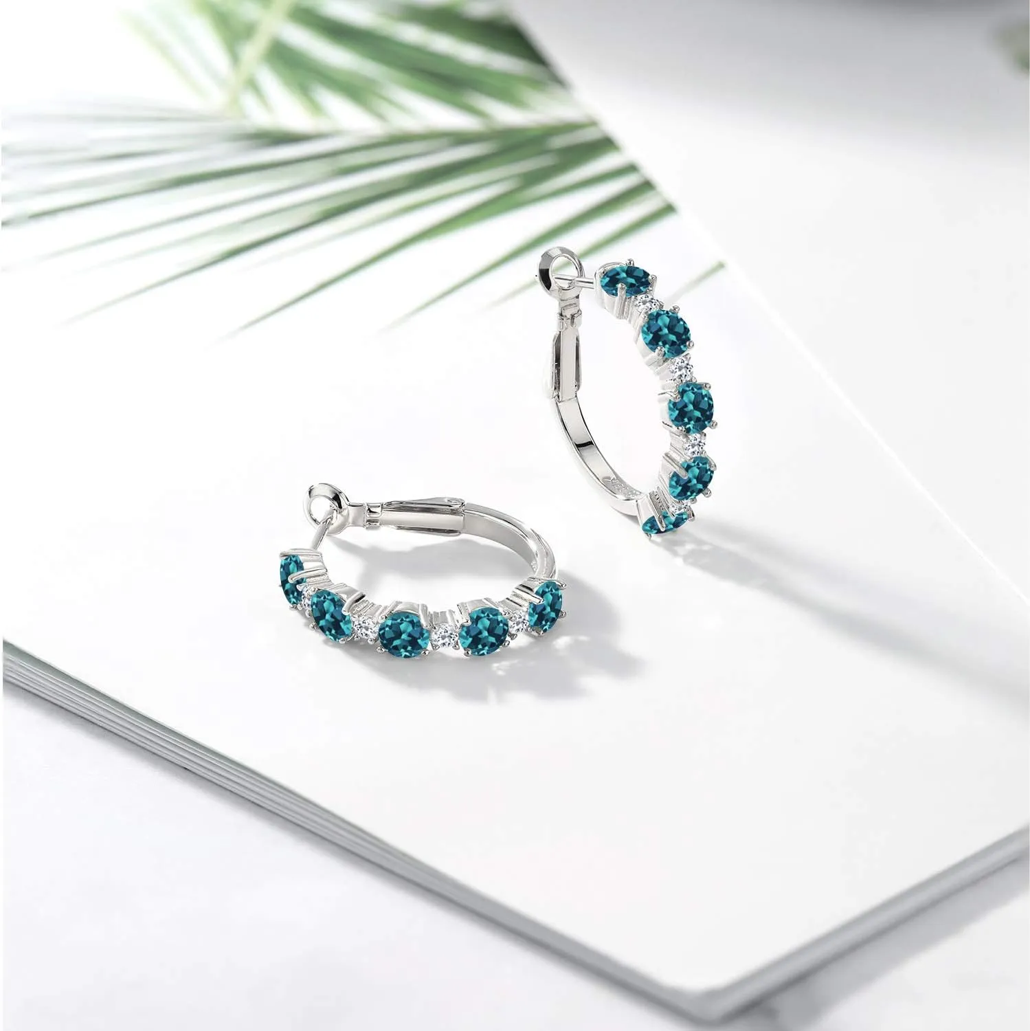 Gem Stone King 925 Sterling Silver Gemstone Birthstone and White Topaz Hoop Earrings for Women | Round Cut 4MM and 1.9MM Stones | 1 Inch Diameter Hoops | Fine Jewelry for Her Mom Wife Women