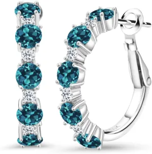 Gem Stone King 925 Sterling Silver Gemstone Birthstone and White Topaz Hoop Earrings for Women | Round Cut 4MM and 1.9MM Stones | 1 Inch Diameter Hoops | Fine Jewelry for Her Mom Wife Women