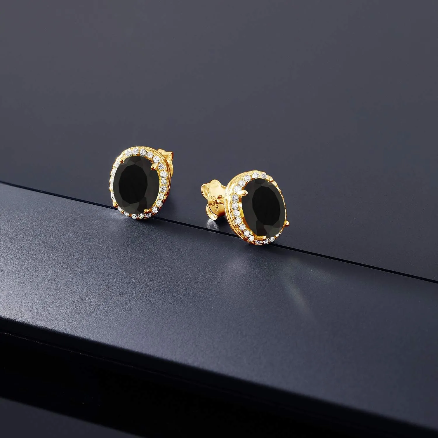 Gem Stone King 9X7MM Oval Gemstone Birthstone Halo Earrings For Women | 18K Yellow Gold Plated Silver | Fine Jewelry Gifts for Her Mom Women Wife