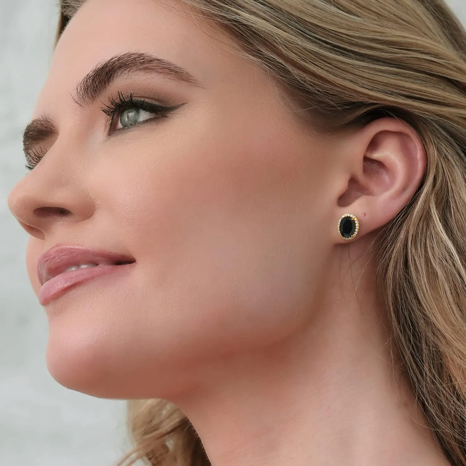Gem Stone King 9X7MM Oval Gemstone Birthstone Halo Earrings For Women | 18K Yellow Gold Plated Silver | Fine Jewelry Gifts for Her Mom Women Wife