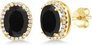 Gem Stone King 9X7MM Oval Gemstone Birthstone Halo Earrings For Women | 18K Yellow Gold Plated Silver | Fine Jewelry Gifts for Her Mom Women Wife