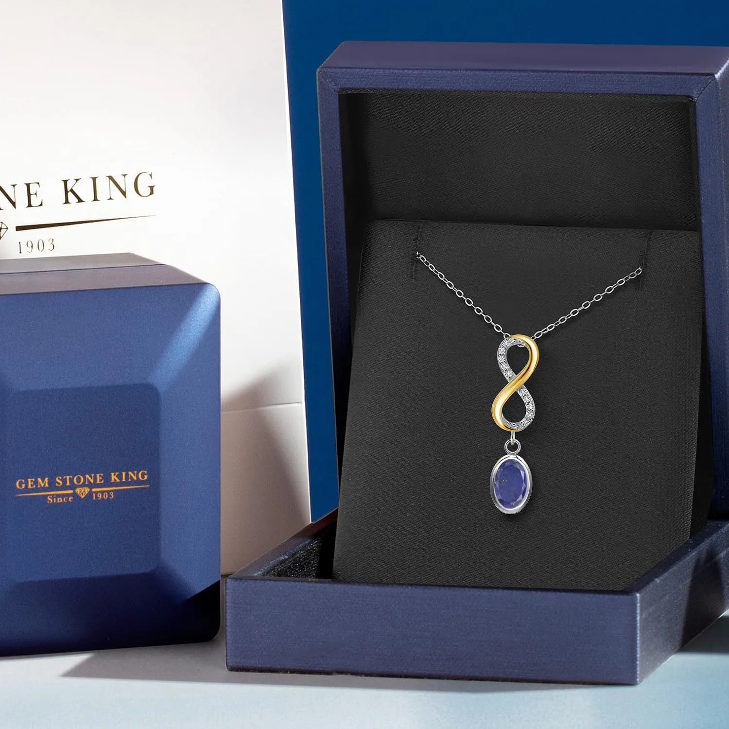 Gem Stone King Gemstone Birthstone and Lab Grown Diamond Two-Tone Infinity Pendant Necklace for Women in 925 Silver and 10K Yellow Gold | Oval 8X6MM and Round Accents | With 18 Inch Chain