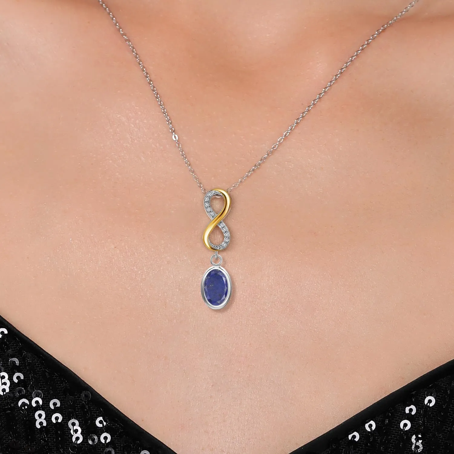 Gem Stone King Gemstone Birthstone and Lab Grown Diamond Two-Tone Infinity Pendant Necklace for Women in 925 Silver and 10K Yellow Gold | Oval 8X6MM and Round Accents | With 18 Inch Chain