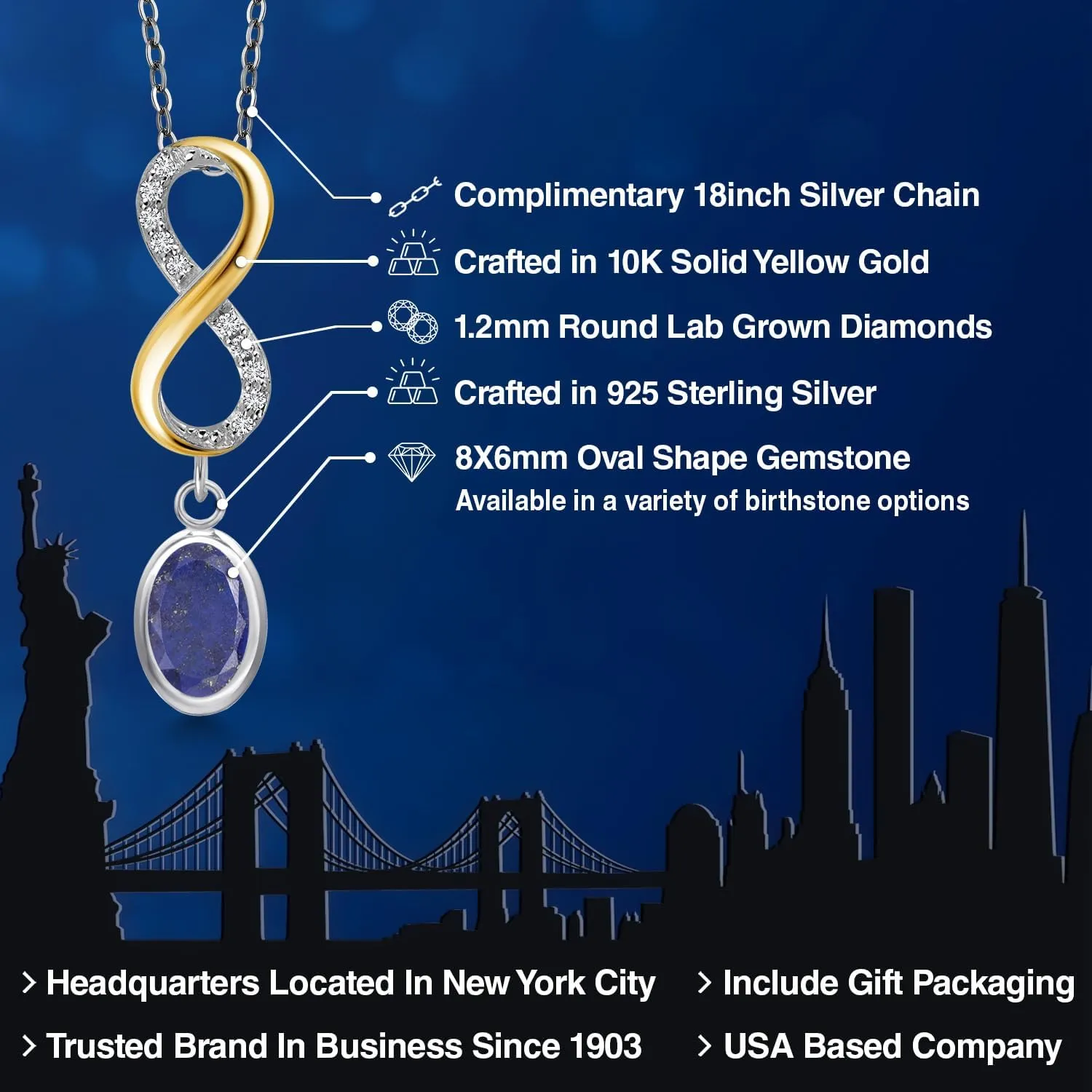 Gem Stone King Gemstone Birthstone and Lab Grown Diamond Two-Tone Infinity Pendant Necklace for Women in 925 Silver and 10K Yellow Gold | Oval 8X6MM and Round Accents | With 18 Inch Chain