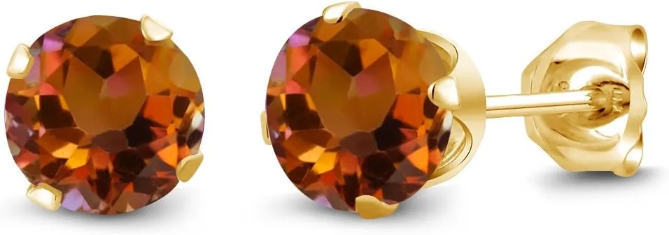 Gem Stone King Orange Mystic Topaz Yellow Gold Plated Silver Stud Earrings For Women Men (1.20 Cttw, Round 5MM)