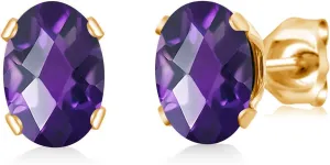 Gem Stone King Purple Amethyst Yellow Gold Plated Stud Earrings For Women Men (1.50 Cttw, Gemstone February Birthstone, Oval Checkerboard 7X5MM)