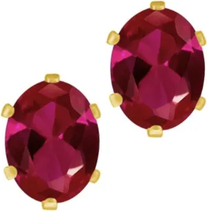 Gem Stone King Red Created Ruby Yellow Gold Plated Stud Earrings For Women Men (2.84 Cttw, Oval 8X6MM)