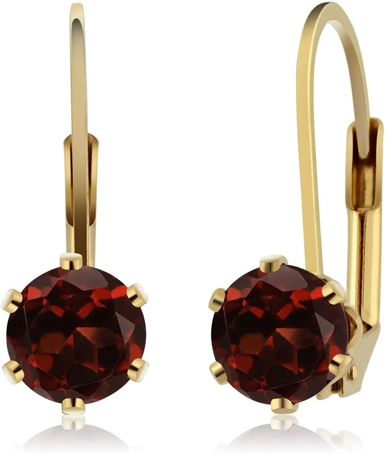 Gem Stone King Red Garnet Gemstone Birthstone 18K Yellow Gold Plated Silver Leverback Earrings For Women | 2.40 Cttw | Gemstone Birthstone | Round 6MM