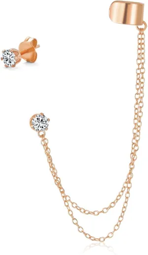 Geometric Cartilage Plain Band With Two Chains Ear Warp Cuff CZ Stud Ear Lobe Earring For Women Teens Men Rose 14K Gold Plated .925 Sterling Silver