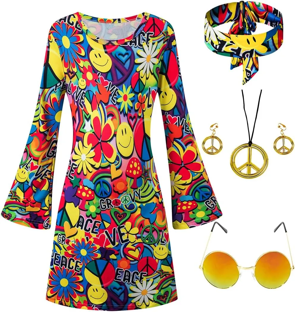 Girls Kids 60s 70s Hippie Costume Dresses Disco Outfits Party Clothes with Necklace Earrings Sunglass
