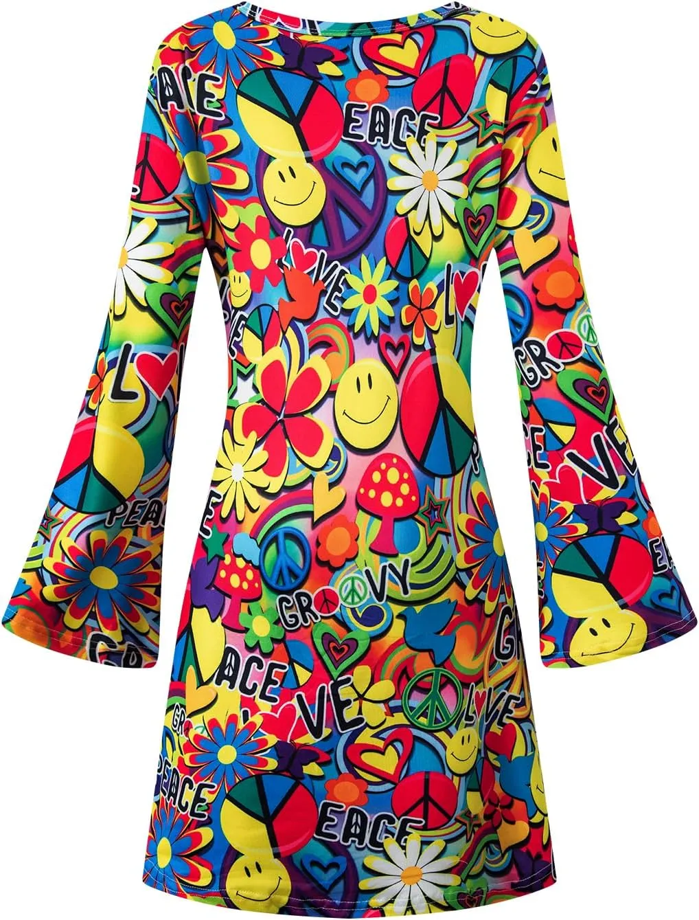 Girls Kids 60s 70s Hippie Costume Dresses Disco Outfits Party Clothes with Necklace Earrings Sunglass