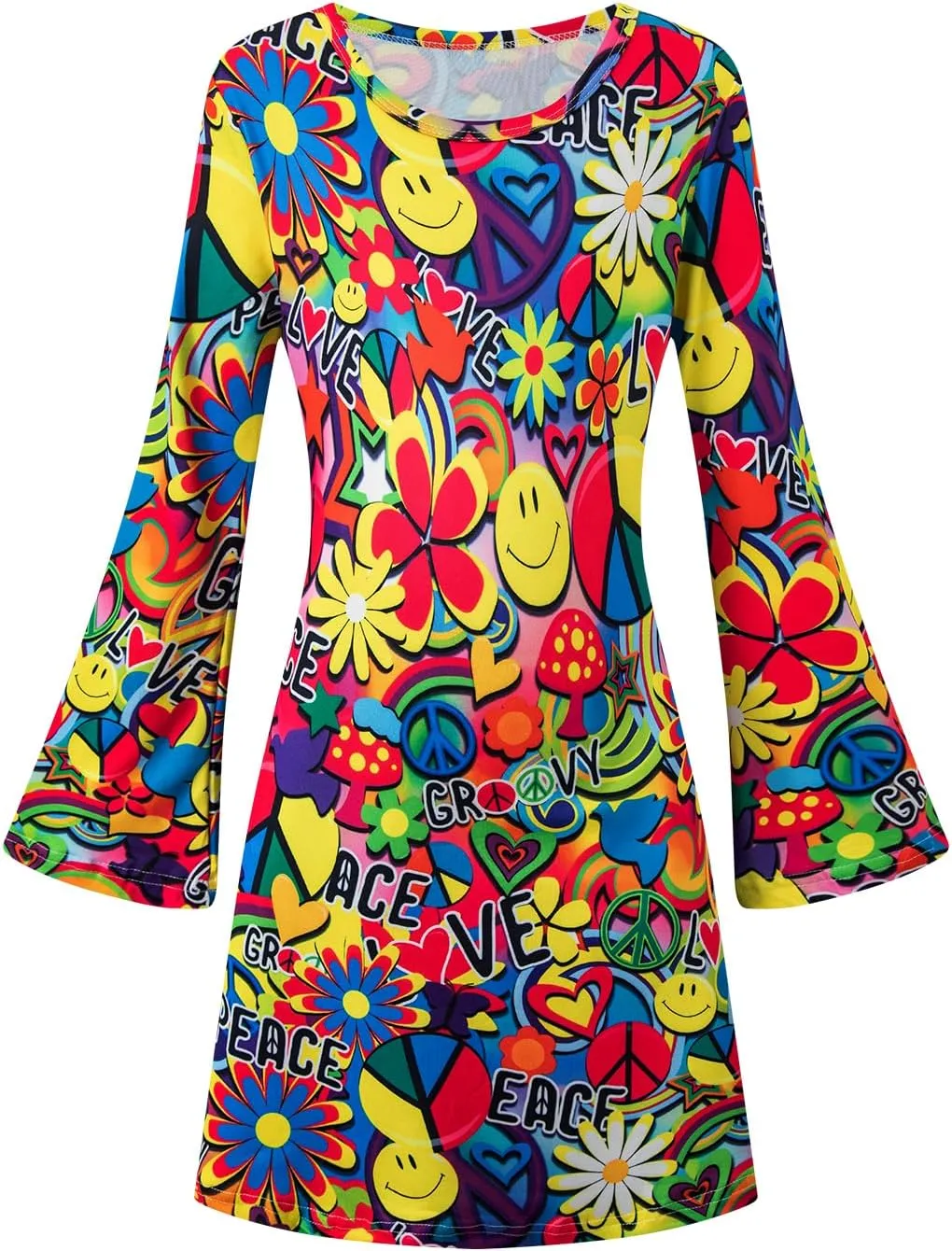 Girls Kids 60s 70s Hippie Costume Dresses Disco Outfits Party Clothes with Necklace Earrings Sunglass