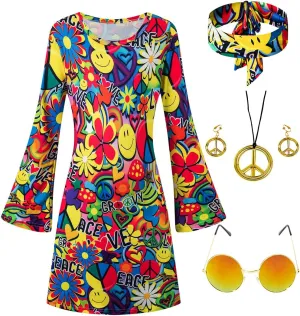 Girls Kids 60s 70s Hippie Costume Dresses Disco Outfits Party Clothes with Necklace Earrings Sunglass