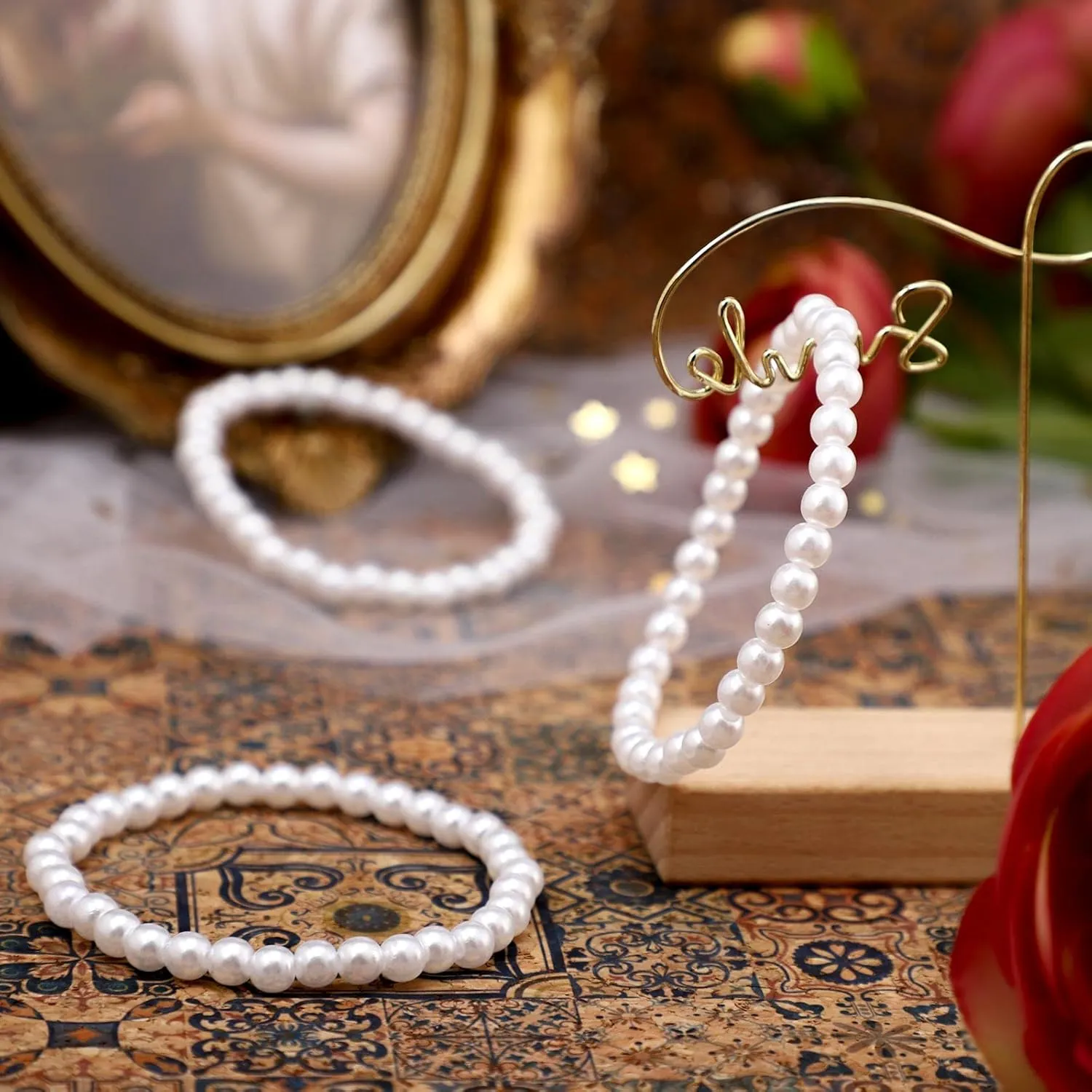Glenmal Pearl Bracelets for Women Wedding Faux Bridal White Pearl Bracelet Bulk Elastic Stretch Bridesmaid for Party Gift