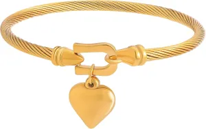 Gold Bangle Bracelet for Women Stainless Steel Twisted Cable Wire Bracelets with Heart Charm Jewelry Gift fo Her