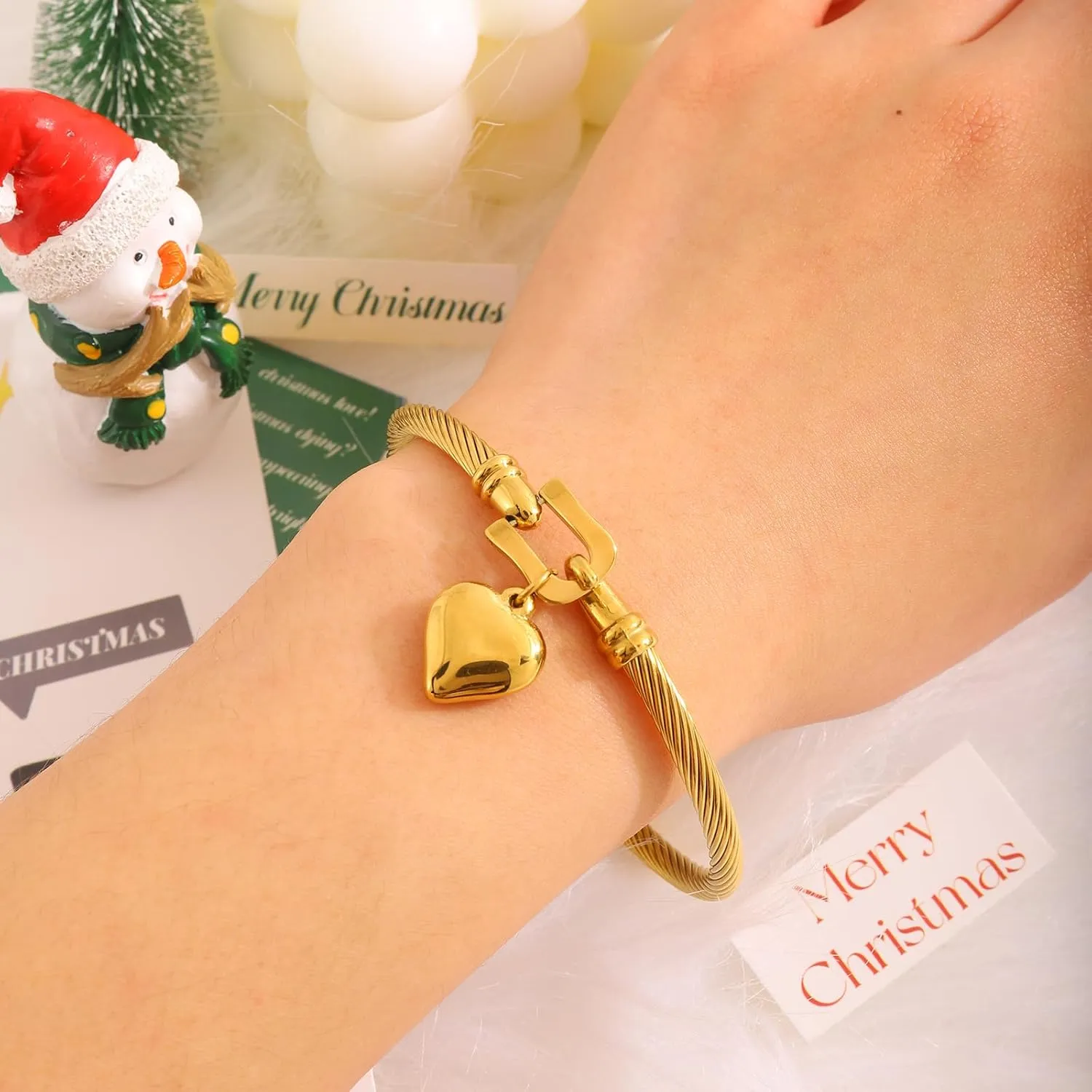 Gold Bangle Bracelet for Women Stainless Steel Twisted Cable Wire Bracelets with Heart Charm Jewelry Gift fo Her