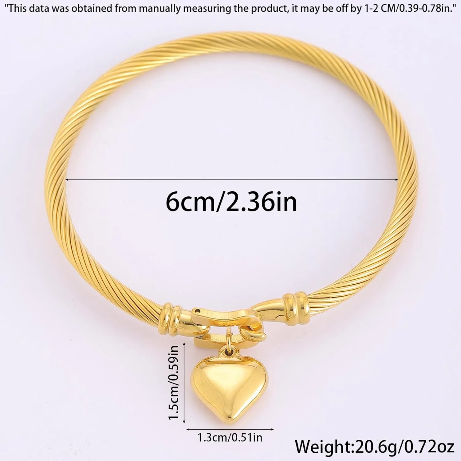 Gold Bangle Bracelet for Women Stainless Steel Twisted Cable Wire Bracelets with Heart Charm Jewelry Gift fo Her