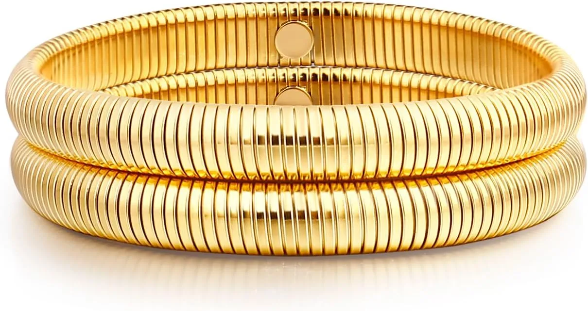 Gold Bangle Bracelets For Women Non Tarnish 14k Gold Plated Stackable Chunky Gold Bracelet Set Stretch Trendy Elastic Snake Chain Bracelet