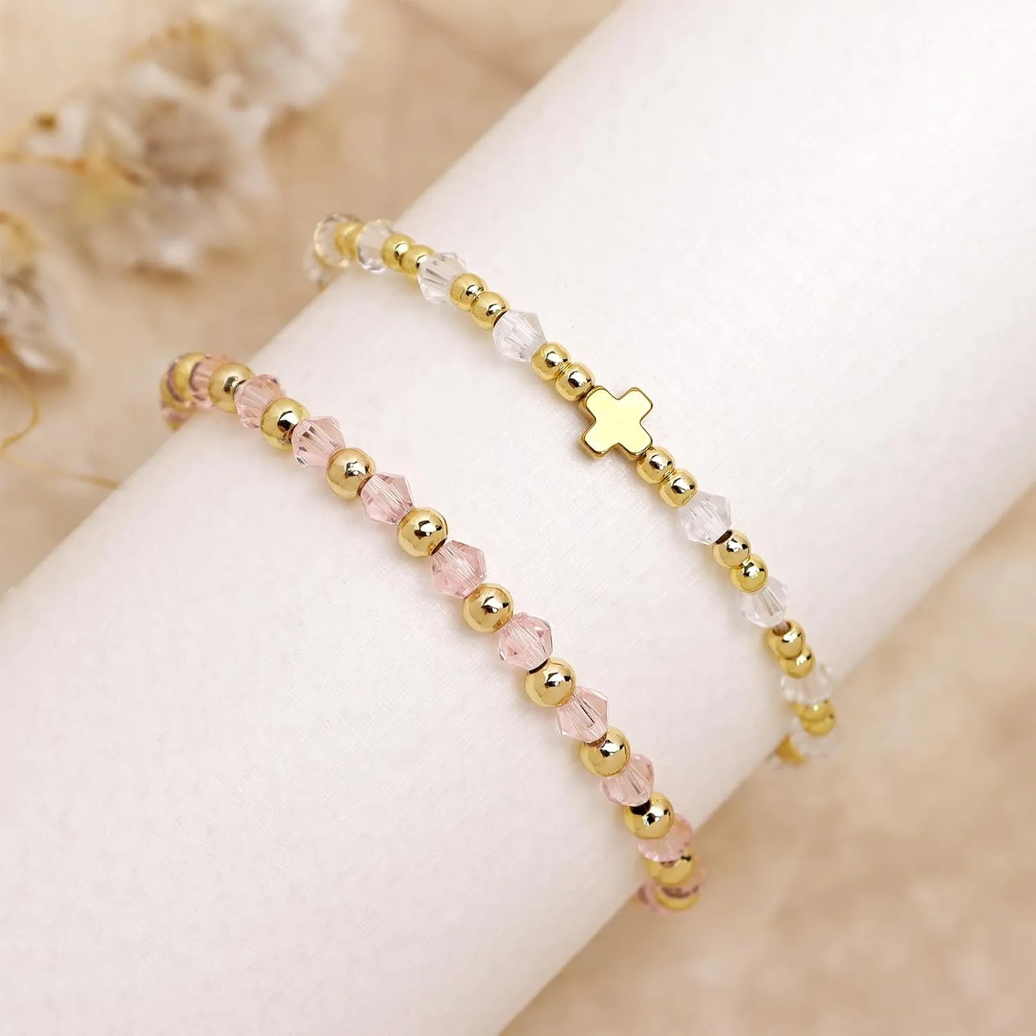 Gold beaded Pearl Heart Bracelets for Women, Cute Handmade Stackable Boho Beads Ball Friendship stretch Bracelet Summer Beach Jewelry Gift