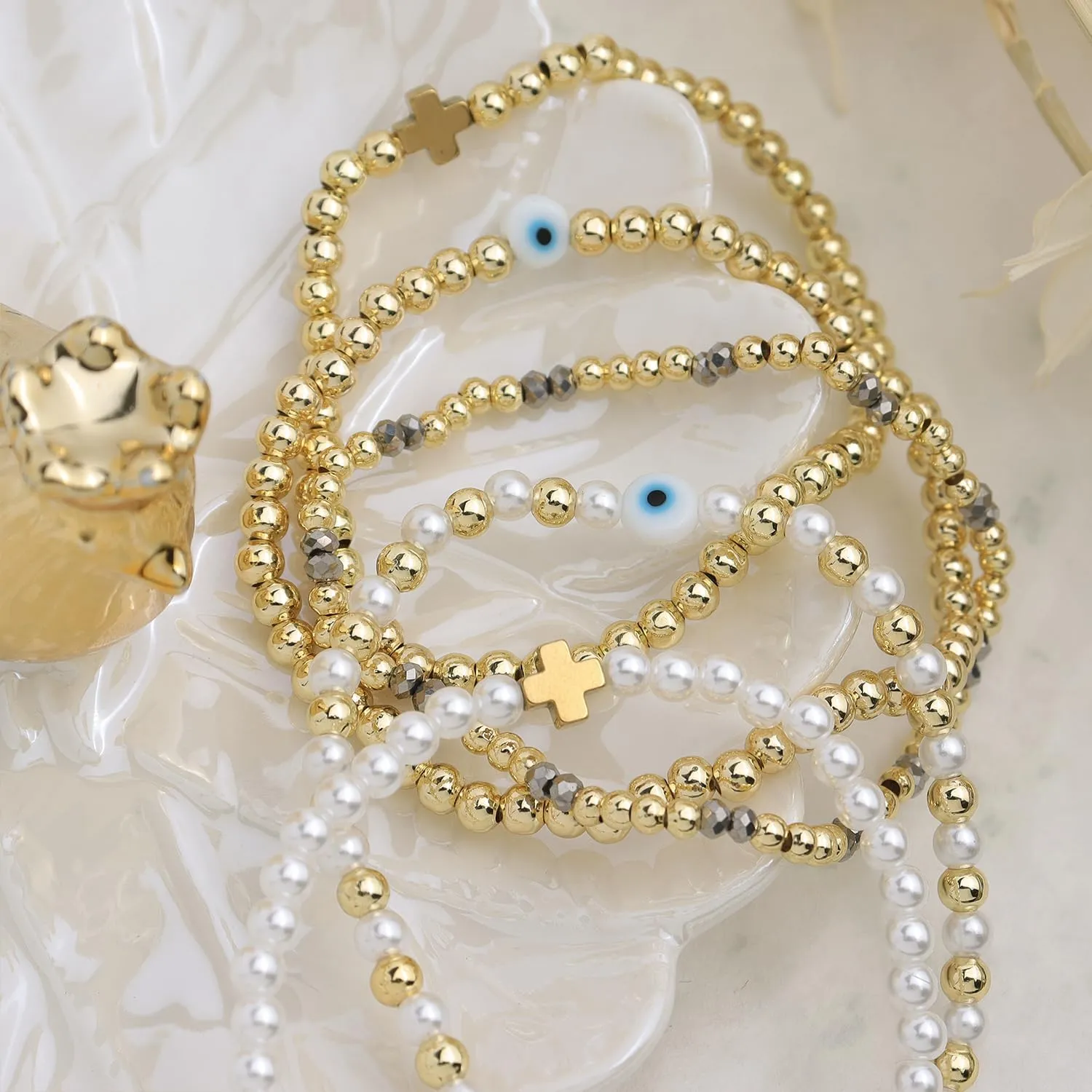 Gold beaded Pearl Heart Bracelets for Women, Cute Handmade Stackable Boho Beads Ball Friendship stretch Bracelet Summer Beach Jewelry Gift
