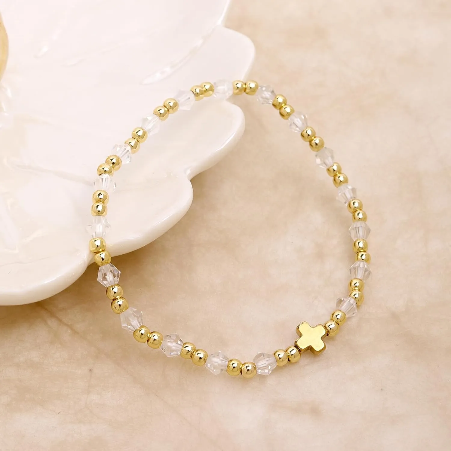 Gold beaded Pearl Heart Bracelets for Women, Cute Handmade Stackable Boho Beads Ball Friendship stretch Bracelet Summer Beach Jewelry Gift