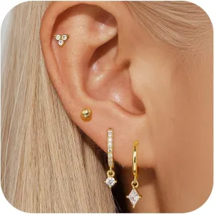 Gold Earrings Set for Women, 14K Gold Plated Hoop Stud Earring Stacks, Hypoallergenic Cartilage Earrings Set for Multiple Piercing, Trendy Earring Jewelry for Women 2025