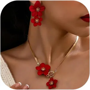 Gold Flower Earrings Necklace Set Spring Earrings for Women Flower Pendant Necklace White Flower Statement Earring Spring Trendy Jewelry Dresses