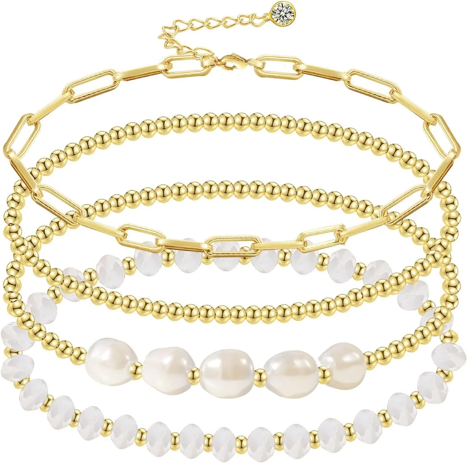 Gold Pearl Crystal Beaded Bracelets Set for Women, Stretch Adjustable Stackable Bracelet for Women Trendy Jewelry